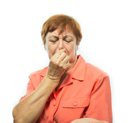 Old woman covering her nose, bad smell
