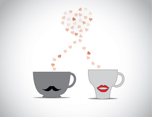 two coffee cups with black mustache & red lips with red flying h
