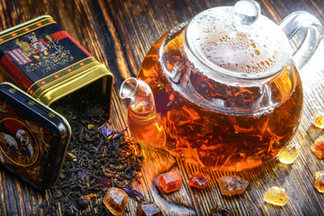 tea composition on a wooden background