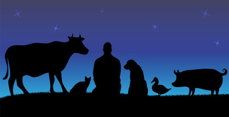 Vegan man with friends animals with blue night background