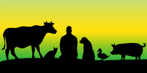 Vegan man with friends animals with green background