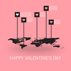 Vector world map with hearts - Love background - happy valentine