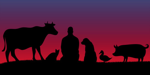 Fototapeta na wymiar Vegan man with cow, cat, dog, chicken and pig friends