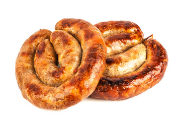 Homemade smoked sausage on white