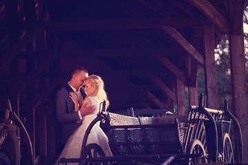 Bride and groom near carriage