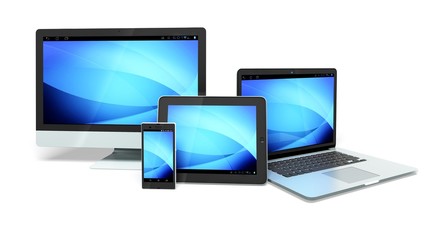 Laptop. 3D. Mobile computing devices with blue wave background