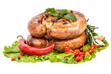 Homemade smoked sausage on white