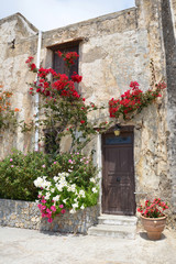 Fototapeta na wymiar Stone wall with entrance and beautiful flowers