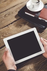 Ipad. Woman shows screen of digital tablet in his hands