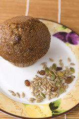 Raisin Bran Muffin with Mised Seeds Viewed from Above © rstpierr