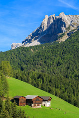 Fototapeta na wymiar Farm houses on hill in Dolomites Mountains, Italy