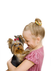 girl hug a little Yorkshire Terrier puppy