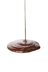 Pouring hot chocolate liquid over white background