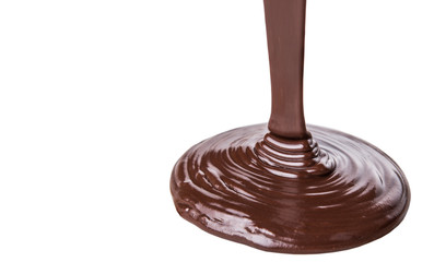 Pouring hot chocolate liquid over white background