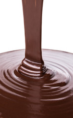 Pouring hot chocolate liquid over white background