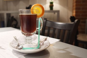 Hot mulled wine with orange slice
