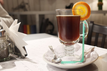 Hot mulled wine with orange slice