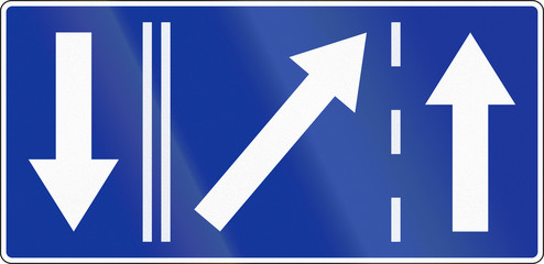 Polish road sign: Left lane ends, shown with opposing traffic