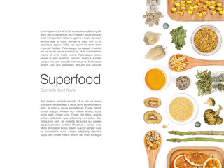 various superfood on white background top view