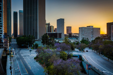 View of buildings and streets at sunset, in downtown Los Angeles