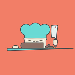 Flat vector icon of cute angry chef with knife and hat