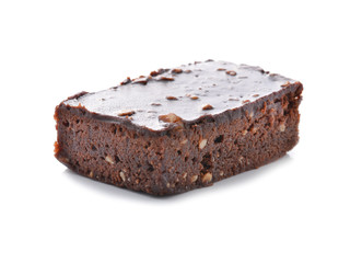 Brownie chocolate cake isolated on white.
