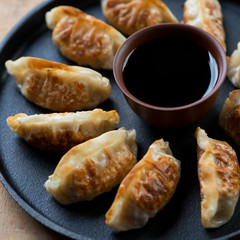Pan fried gyoza with dipping sauce, close-up, selective focus