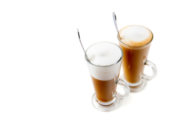 two tall glass coffee latte on white background