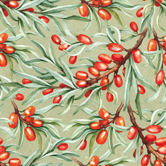 Seamless pattern with watercolor sea buckthorn - 81150376