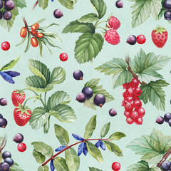 Seamless pattern with watercolor illustrations of berries