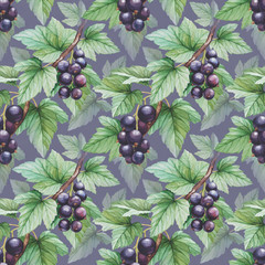 Seamless pattern with watercolor black currants illustration - 81151346