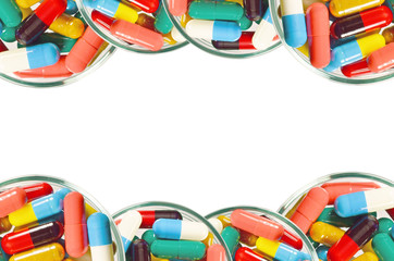 Colorful of oral medications Dish Isolated with Clopping Path.
