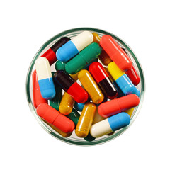 Colorful of oral medications Dish Isolated with Clopping Path.