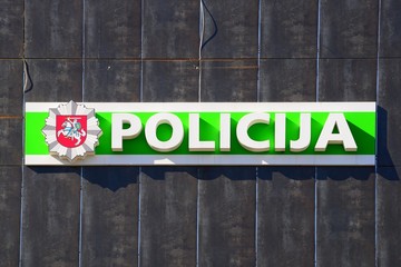 Sign of police on the office house in Pasilaiciai