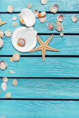 Wood. Seashells frame on wooden background. nautical border