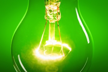 Green. Close up glowing light bulb on green background