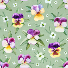 Seamless pattern with watercolor illustrations of pansy flowers
