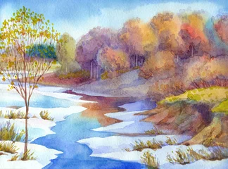Wall murals Cappuccino Stream in forest valley winter day. Watercolour landscape