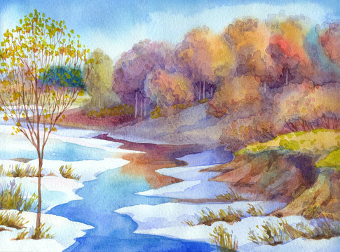 Stream in forest valley winter day. Watercolour landscape