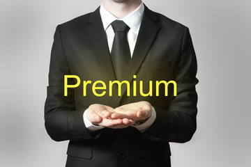 businessman serving gesture hands open premium