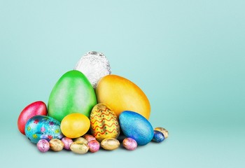 Easter. Group of colorful candy Easter eggs wrapped in foil with