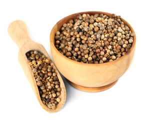 Coriander in wooden bowl, isolated on white