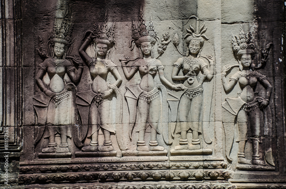 Sticker the beautiful ancient carving on the stone at angkor wat