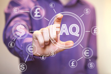 Businessman pushing button with FAQ currency web