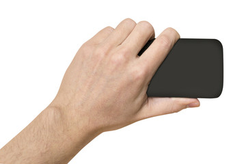 black object in man's hand white background