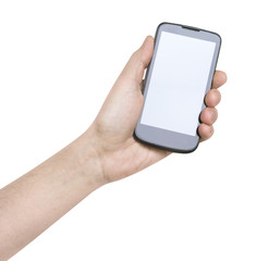 black vertical smartphone in man's hand white background