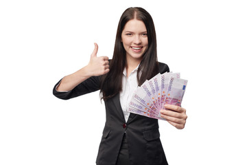 Happy woman with euro money in hand