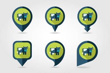 Cow flat mapping pin icon with long shadow