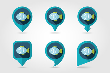 Fish flat mapping pin icon with long shadow