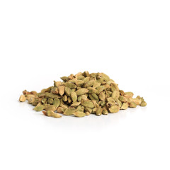 Pile of green cardamom seeds isolated on white background